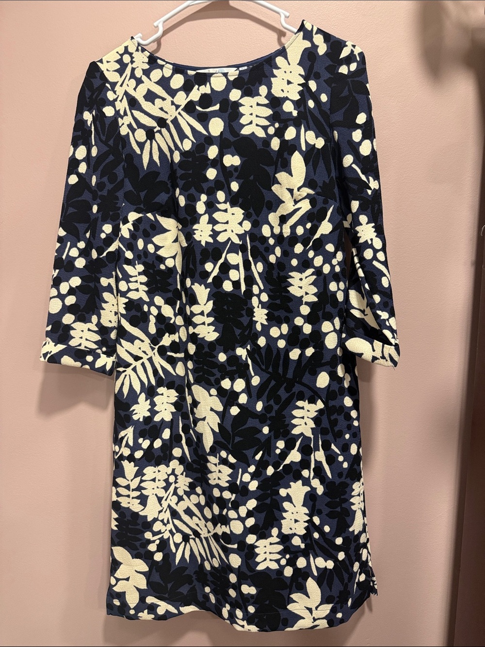 Boden Navy and Cream Floral-Print Long Sleeve Shift Dress